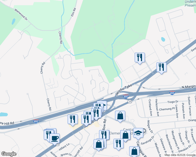 map of restaurants, bars, coffee shops, grocery stores, and more near 41 Hunt Drive in Jericho