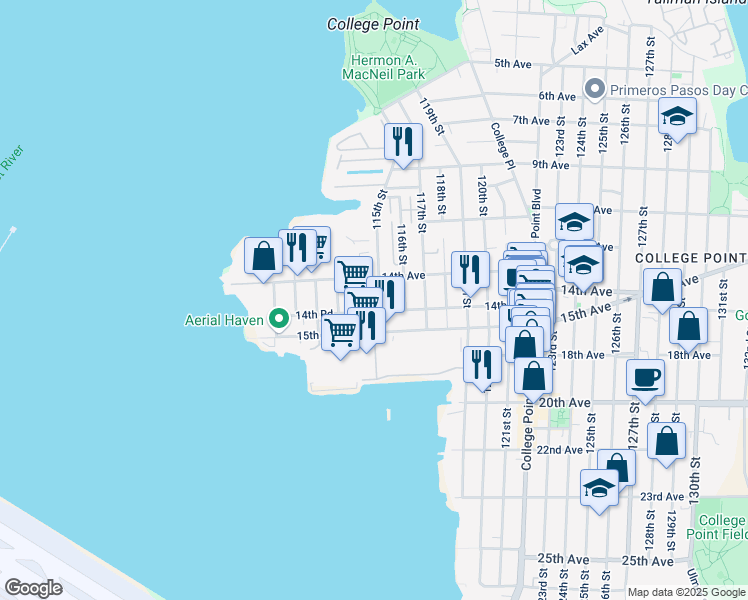 map of restaurants, bars, coffee shops, grocery stores, and more near 14-24 115th Street in Queens