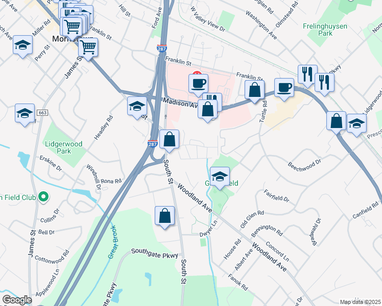 map of restaurants, bars, coffee shops, grocery stores, and more near 320 South Street in Morristown