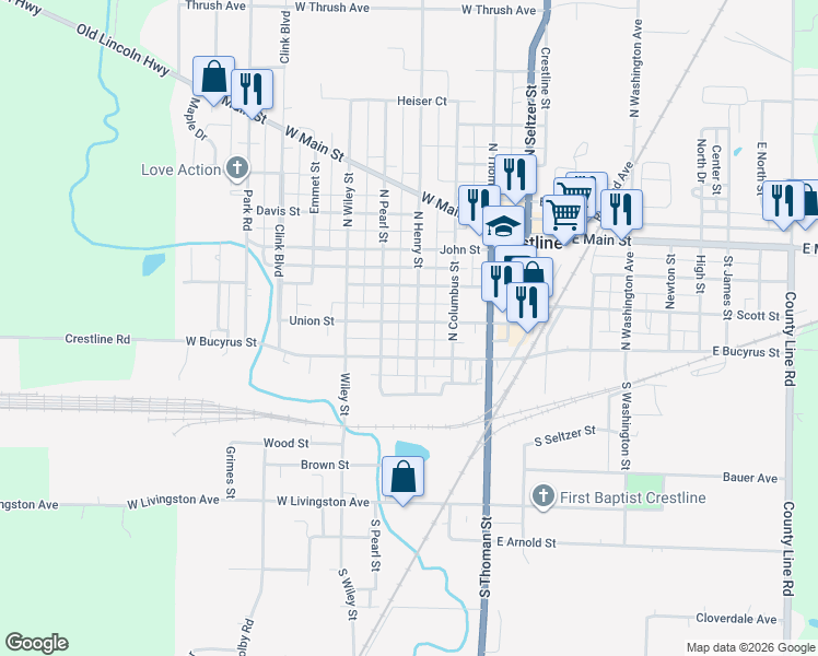map of restaurants, bars, coffee shops, grocery stores, and more near 124 North Henry Street in Crestline