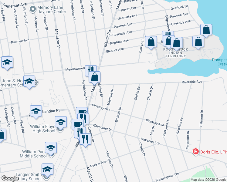 map of restaurants, bars, coffee shops, grocery stores, and more near 165 Mayfield Drive in Mastic Beach