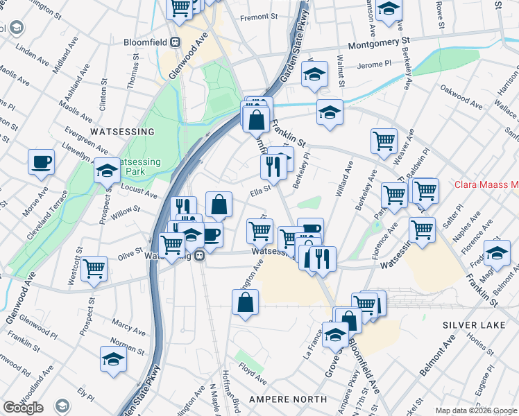 map of restaurants, bars, coffee shops, grocery stores, and more near 23 Delaware Avenue in Bloomfield