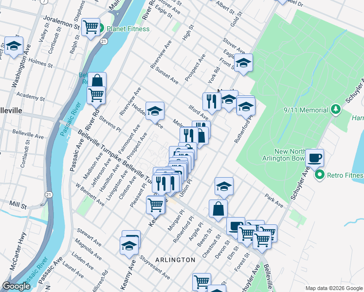 map of restaurants, bars, coffee shops, grocery stores, and more near 19 Hedden Terrace in North Arlington