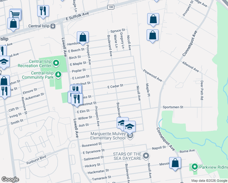 map of restaurants, bars, coffee shops, grocery stores, and more near 39 Cypress Street in Central Islip