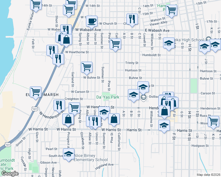map of restaurants, bars, coffee shops, grocery stores, and more near 2515 Pine Street in Eureka
