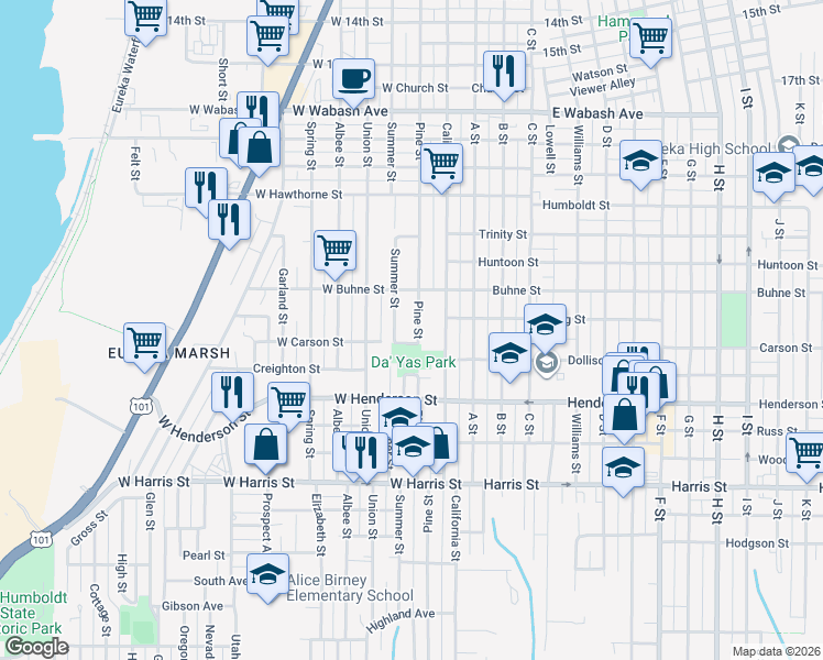map of restaurants, bars, coffee shops, grocery stores, and more near 2515 Pine Street in Eureka
