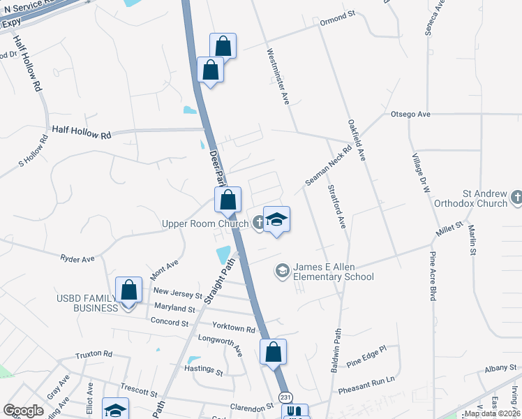 map of restaurants, bars, coffee shops, grocery stores, and more near 116 Joseph Lane in Dix Hills
