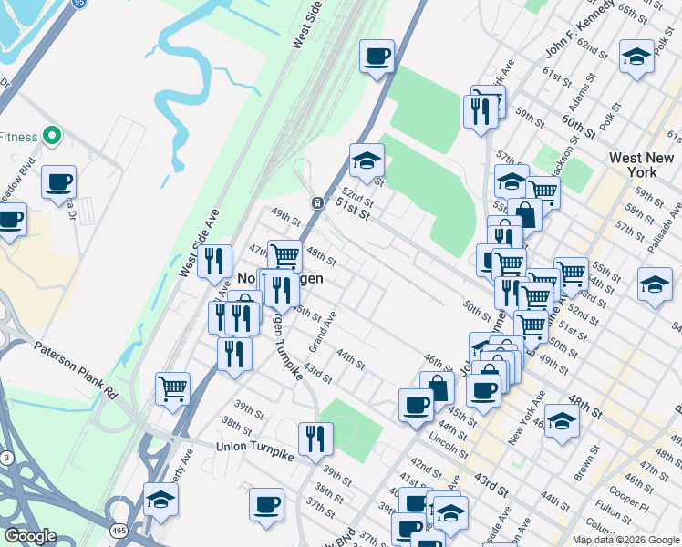 map of restaurants, bars, coffee shops, grocery stores, and more near 1520 47th Street in North Bergen