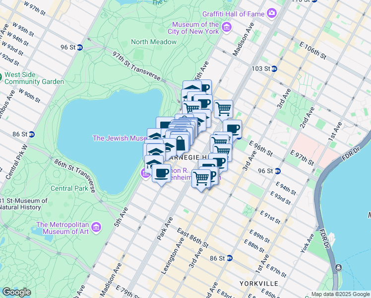 map of restaurants, bars, coffee shops, grocery stores, and more near 1309 Madison Avenue in New York
