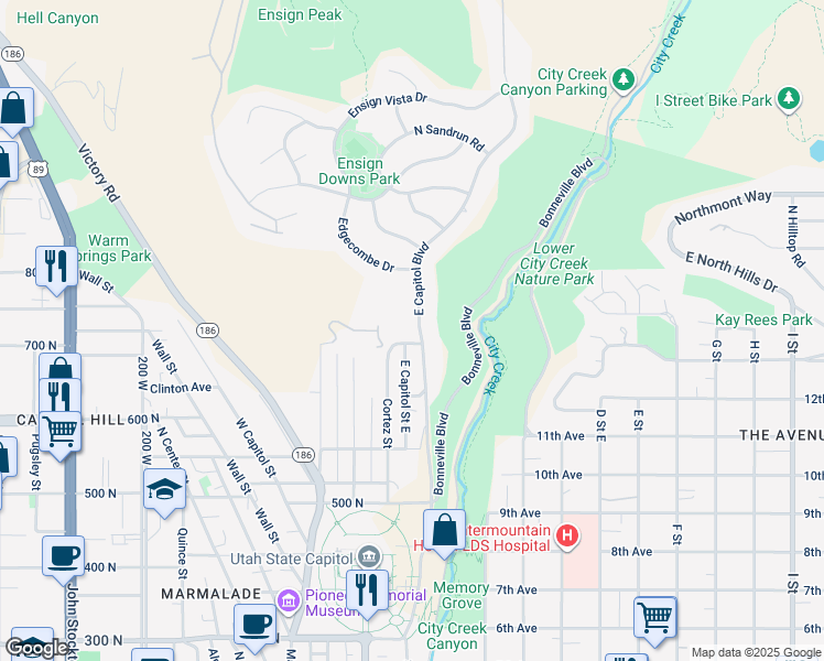 map of restaurants, bars, coffee shops, grocery stores, and more near 719 East Capitol Boulevard in Salt Lake City