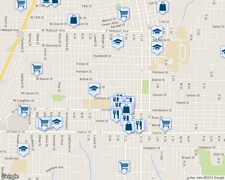 map of restaurants, bars, coffee shops, grocery stores, and more near 2509 D Street in Eureka