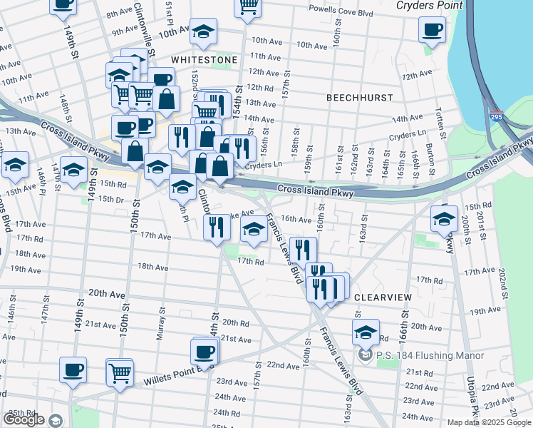 map of restaurants, bars, coffee shops, grocery stores, and more near 16-06 Francis Lewis Boulevard in Queens