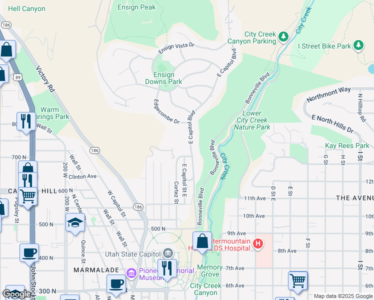 map of restaurants, bars, coffee shops, grocery stores, and more near 719 East Capitol Boulevard in Salt Lake City