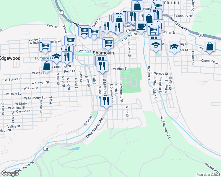 map of restaurants, bars, coffee shops, grocery stores, and more near 231 South Market Street in Shamokin