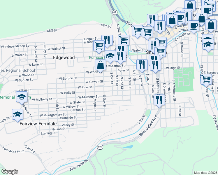 map of restaurants, bars, coffee shops, grocery stores, and more near 826-898 West Pine Street in Coal Township
