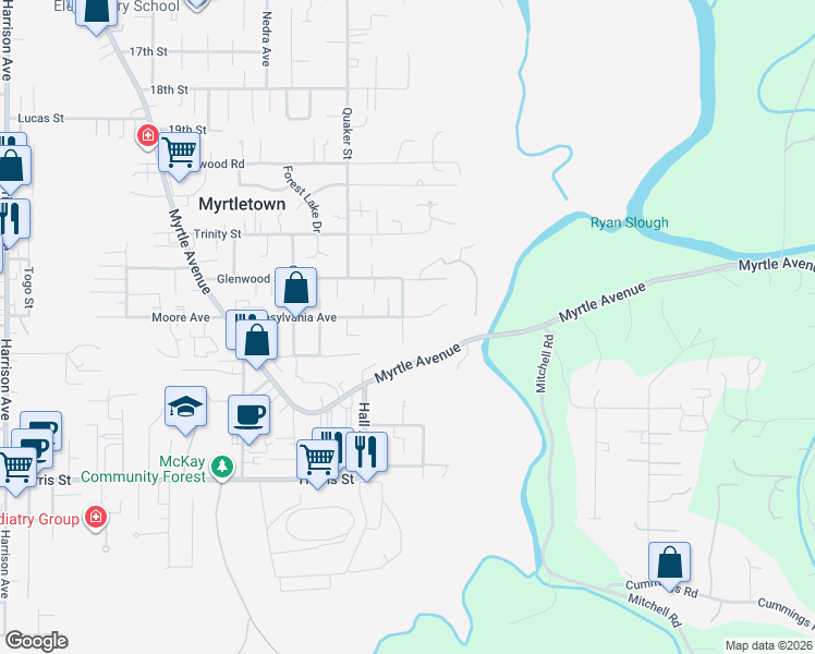 map of restaurants, bars, coffee shops, grocery stores, and more near 2407 Frank Street in Eureka