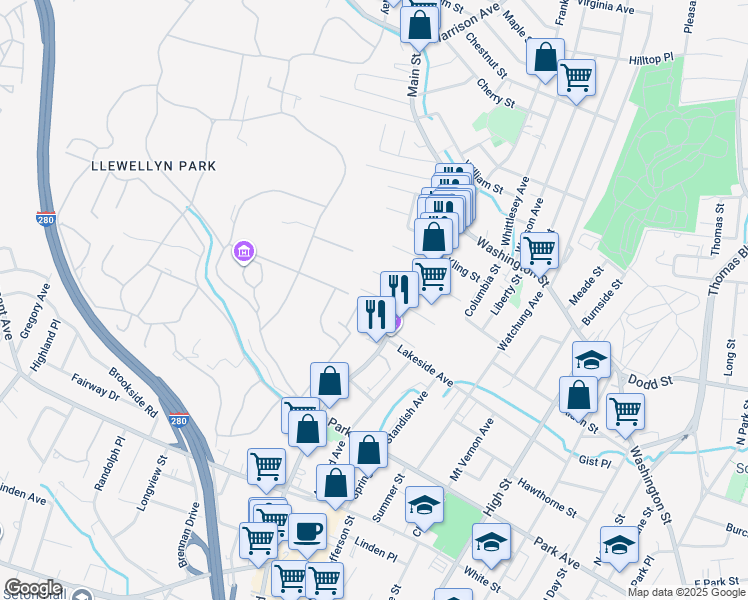 map of restaurants, bars, coffee shops, grocery stores, and more near 15 Edisonia Terrace in West Orange