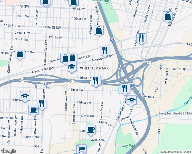map of restaurants, bars, coffee shops, grocery stores, and more near 1384 Stark Avenue Southwest in Canton