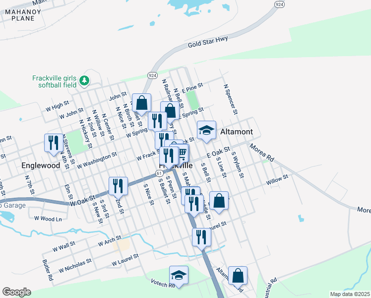 map of restaurants, bars, coffee shops, grocery stores, and more near 16 South Railroad Avenue in Frackville