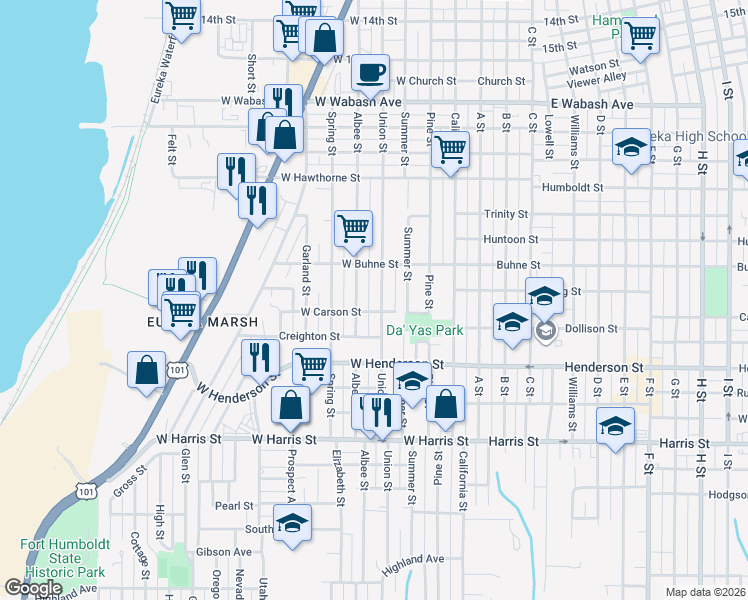 map of restaurants, bars, coffee shops, grocery stores, and more near 2523 Albee Street in Eureka