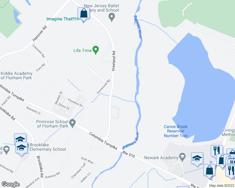 map of restaurants, bars, coffee shops, grocery stores, and more near 25 Vreeland Road in Florham Park