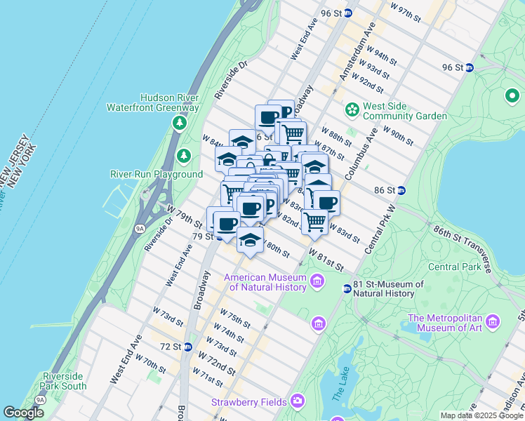 map of restaurants, bars, coffee shops, grocery stores, and more near 452 Amsterdam Avenue in New York