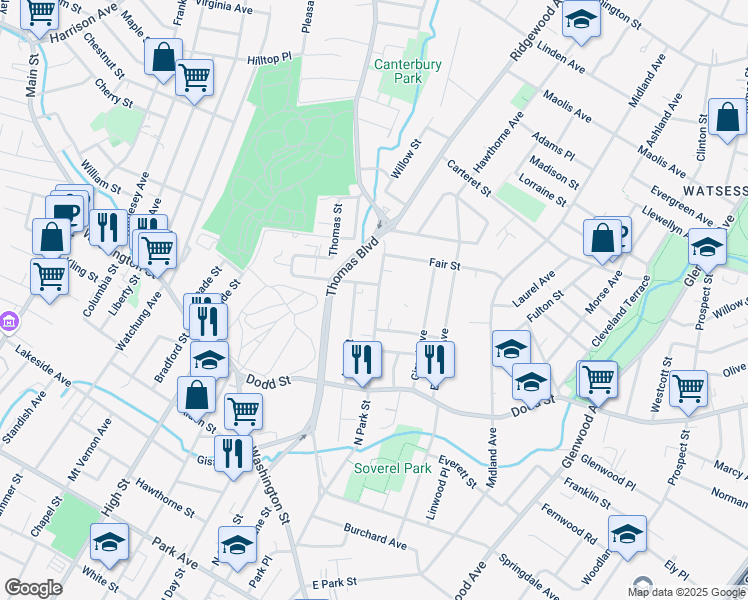 map of restaurants, bars, coffee shops, grocery stores, and more near 255 North Park Street in East Orange