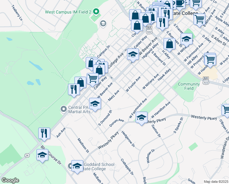 map of restaurants, bars, coffee shops, grocery stores, and more near 923 Metz Avenue in State College