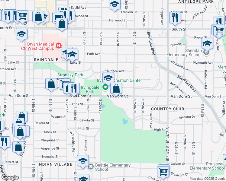 map of restaurants, bars, coffee shops, grocery stores, and more near 2745 South 22nd Street in Lincoln