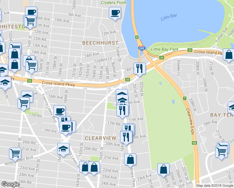 map of restaurants, bars, coffee shops, grocery stores, and more near 166-27 15th Drive in Queens
