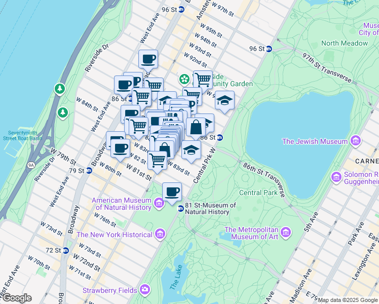 map of restaurants, bars, coffee shops, grocery stores, and more near 44 West 85th Street in New York
