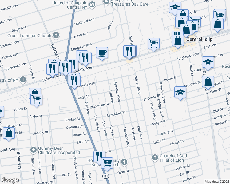 map of restaurants, bars, coffee shops, grocery stores, and more near 38 Sage Street in Central Islip