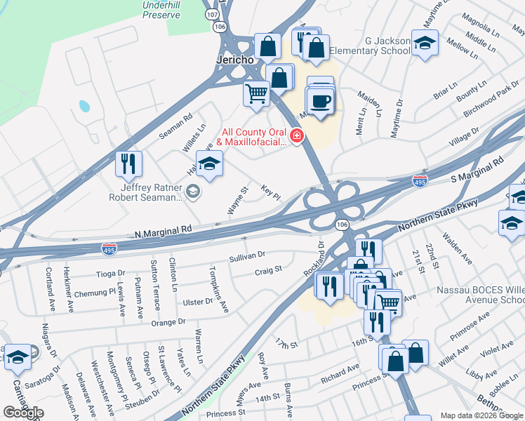 map of restaurants, bars, coffee shops, grocery stores, and more near 169 North Marginal Road in Jericho