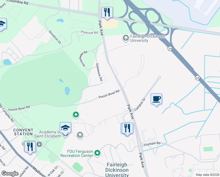 map of restaurants, bars, coffee shops, grocery stores, and more near 4 Punch Bowl Road in Morristown