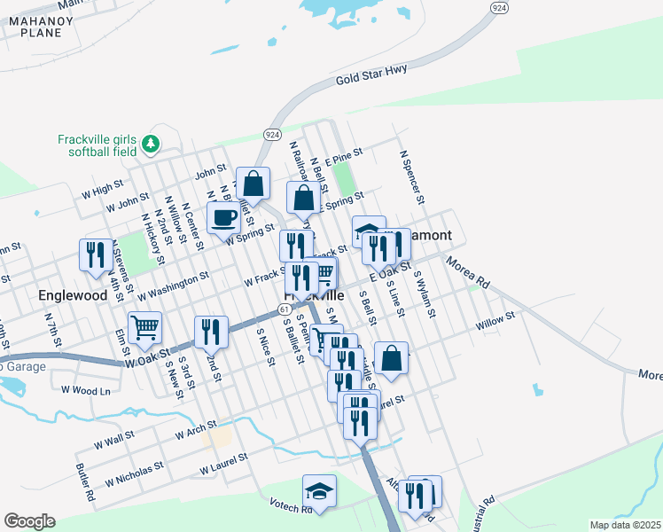 map of restaurants, bars, coffee shops, grocery stores, and more near 16 South Railroad Avenue in Frackville