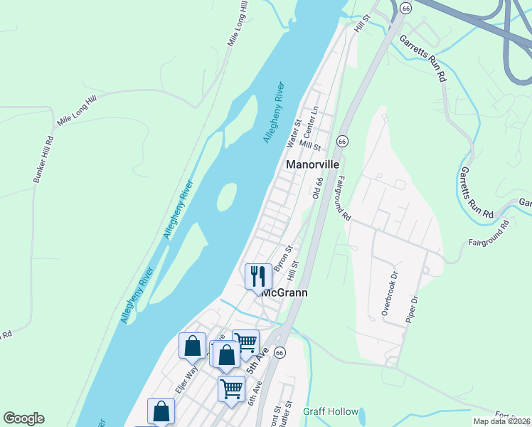 map of restaurants, bars, coffee shops, grocery stores, and more near 404 Water Street in Ford City