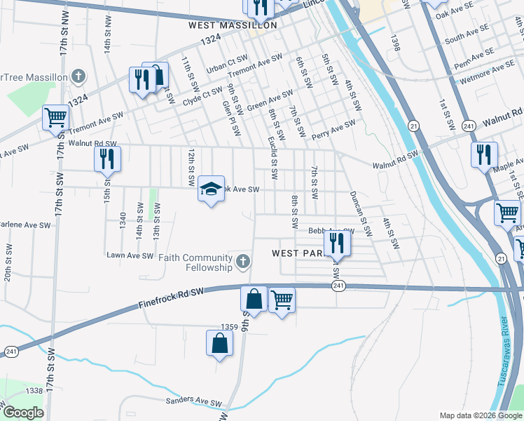 map of restaurants, bars, coffee shops, grocery stores, and more near 854 Webb Avenue Southwest in Massillon
