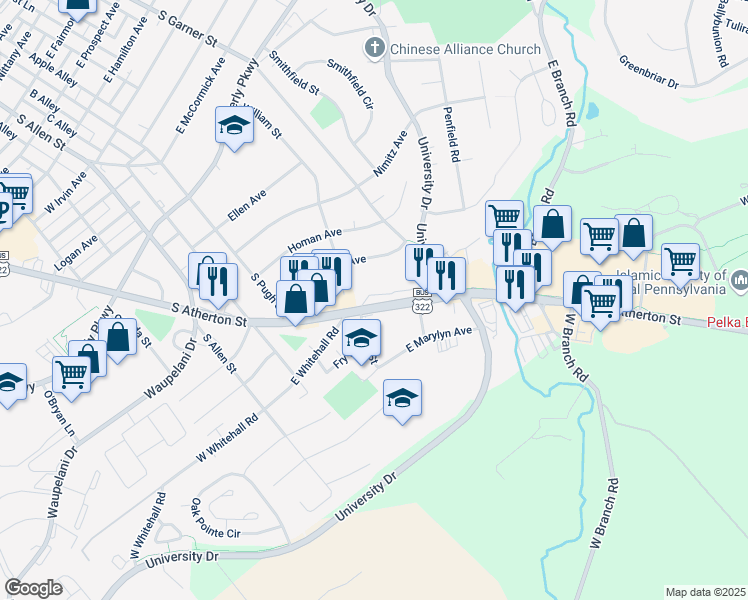 map of restaurants, bars, coffee shops, grocery stores, and more near 1405 South Atherton Street in State College
