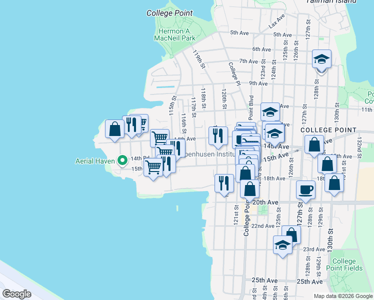 map of restaurants, bars, coffee shops, grocery stores, and more near 14-27 116th Street in Queens