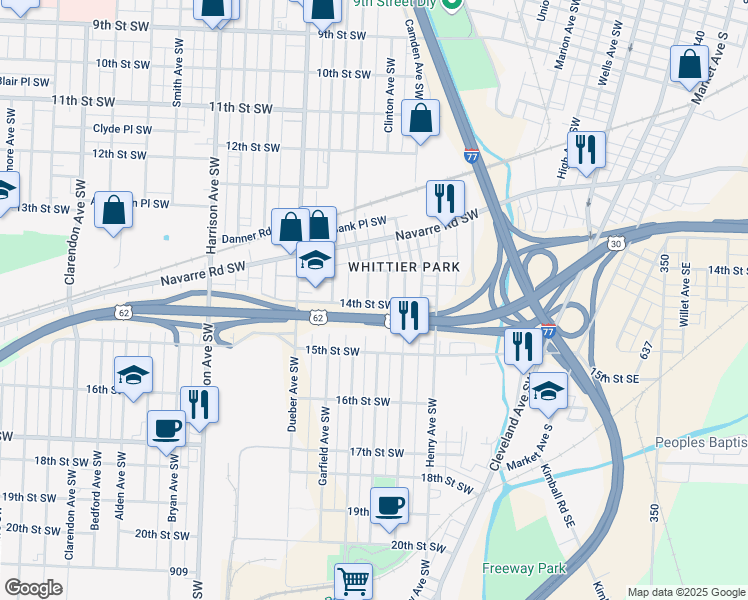map of restaurants, bars, coffee shops, grocery stores, and more near 1386 Scoville Avenue Southwest in Canton
