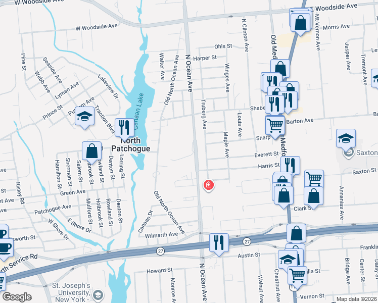 map of restaurants, bars, coffee shops, grocery stores, and more near 12 Juniper Avenue in Patchogue