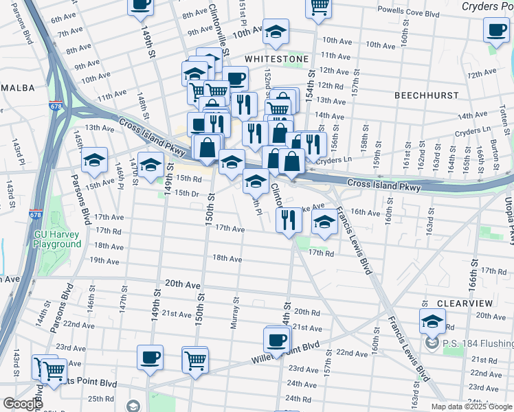 map of restaurants, bars, coffee shops, grocery stores, and more near 150-55 14th Avenue in Queens