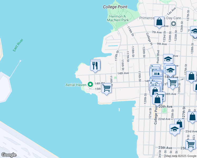 map of restaurants, bars, coffee shops, grocery stores, and more near 14-22 112th Street in Queens