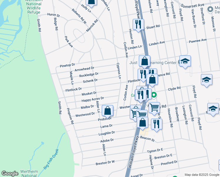 map of restaurants, bars, coffee shops, grocery stores, and more near 35 Musket Drive in Shirley