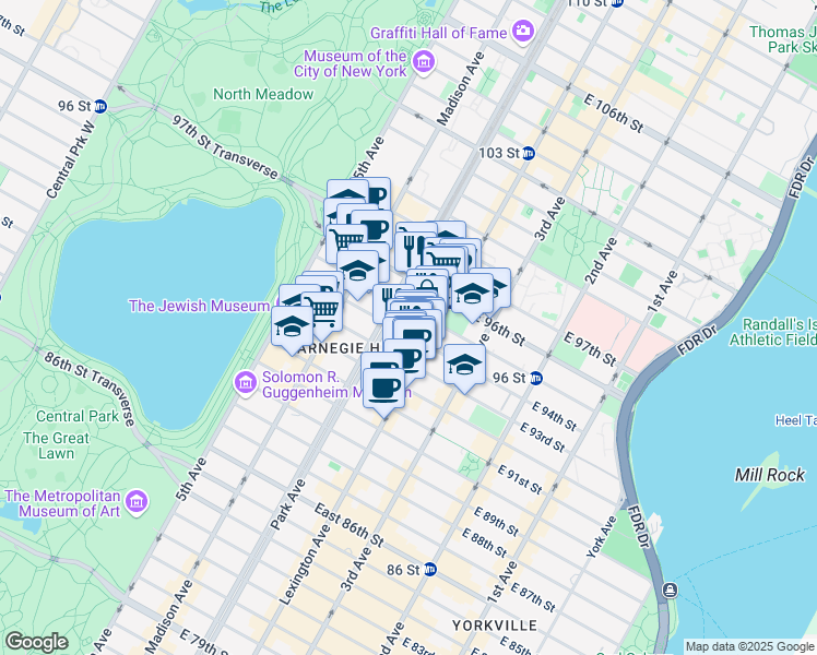 map of restaurants, bars, coffee shops, grocery stores, and more near 121 East 94th Street in New York