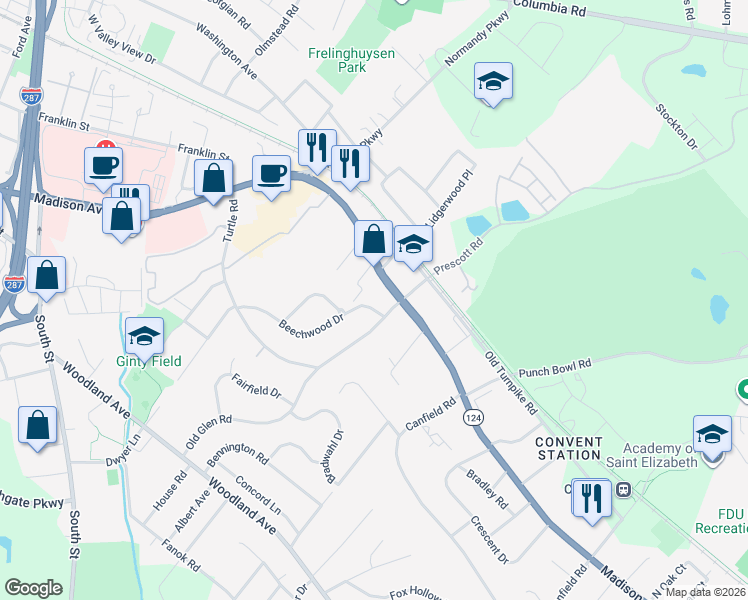 map of restaurants, bars, coffee shops, grocery stores, and more near 3 Beechwood Drive in Morristown