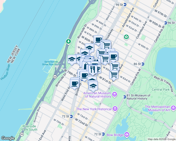 map of restaurants, bars, coffee shops, grocery stores, and more near 245 West 81st Street in New York