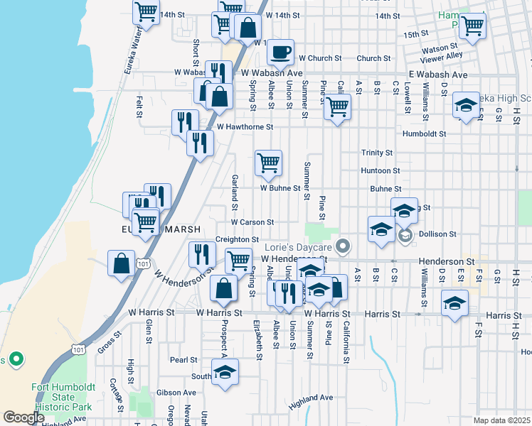 map of restaurants, bars, coffee shops, grocery stores, and more near 2523 Albee Street in Eureka