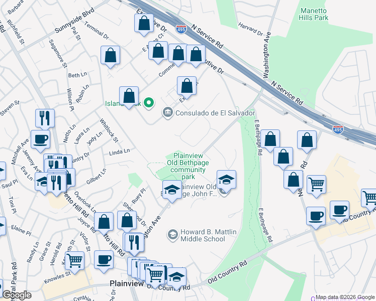 map of restaurants, bars, coffee shops, grocery stores, and more near 22 Newport Drive in Plainview