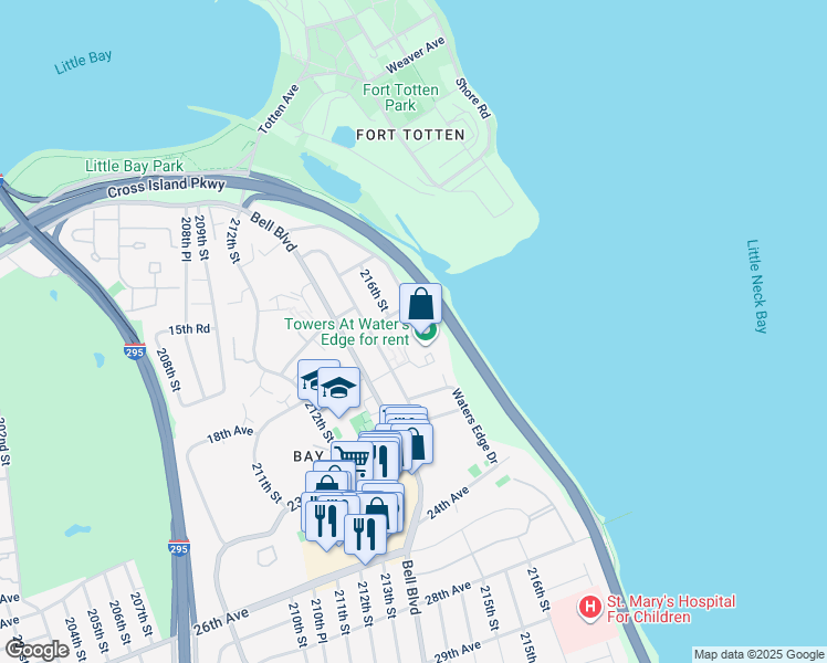 map of restaurants, bars, coffee shops, grocery stores, and more near 85 215th Street in Queens